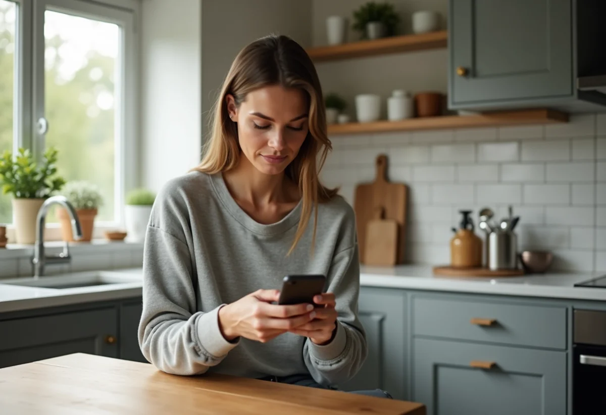 Femme dans la cuisine moderne utilisant son smartphone