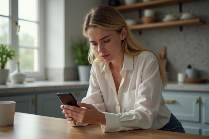 Jeune femme regardant son smartphone dans une cuisine moderne