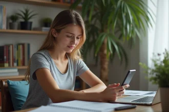 Jeune femme utilisant son smartphone dans un bureau moderne