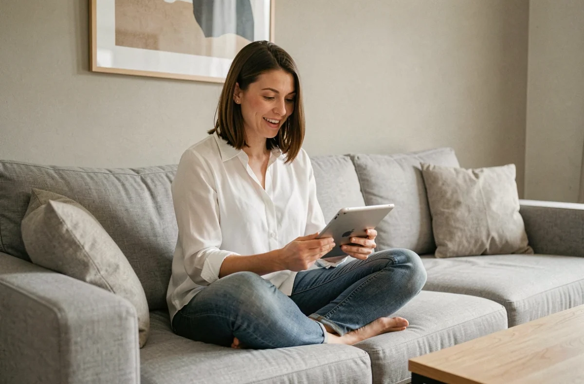 Femme souriante avec une tablette sur un canapé gris, réagissant à un easter egg Google comme Do a Barrel Roll ou Z or R twice dans un salon moderne