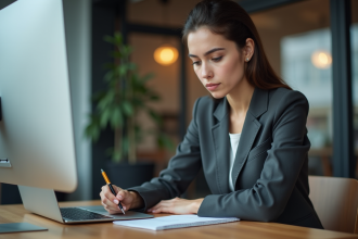 Femme concentrée analysant des données sur son ordinateur