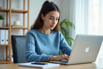 Jeune femme travaillant sur un ordinateur dans un bureau lumineux