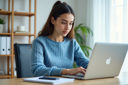 Jeune femme travaillant sur un ordinateur dans un bureau lumineux