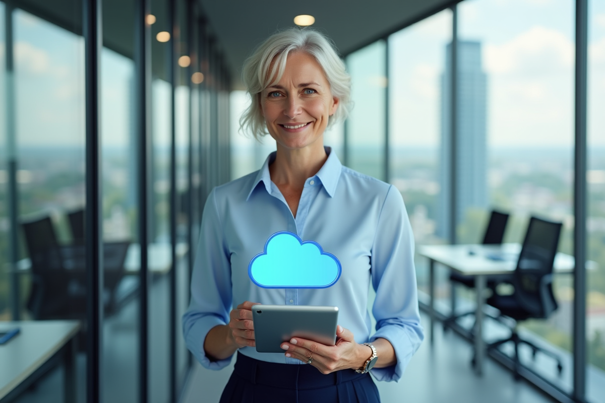 Femme professionnelle tenant une tablette avec barre de progression cloud