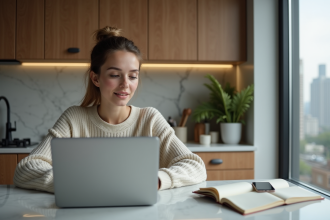 Jeune femme travaillant sur son ordinateur dans une cuisine moderne