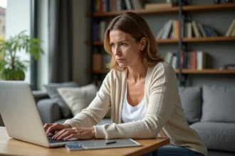 Femme d'âge moyen travaillant à domicile sur son ordinateur