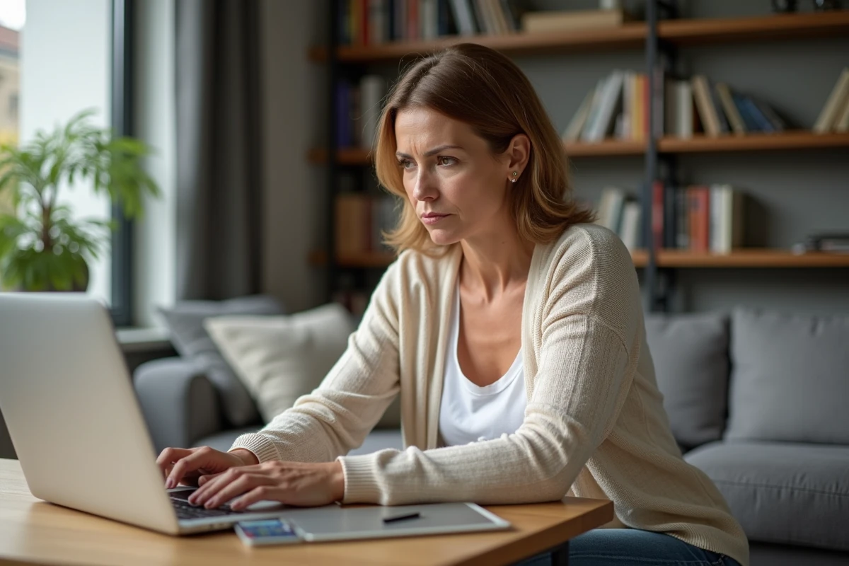 Femme d'âge moyen travaillant à domicile sur son ordinateur
