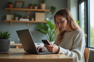 Femme au bureau utilisant un ordinateur et smartphone
