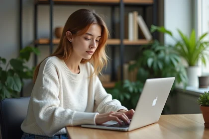 Jeune femme concentrée sur son ordinateur portable dans un bureau moderne