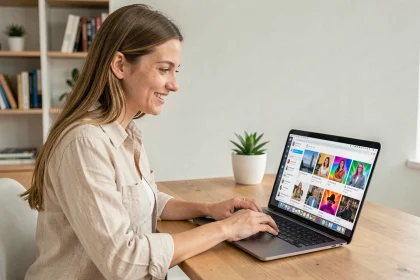 Jeune femme utilisant Leonardo AI sur son ordinateur portable pour créer des visuels pour les réseaux sociaux