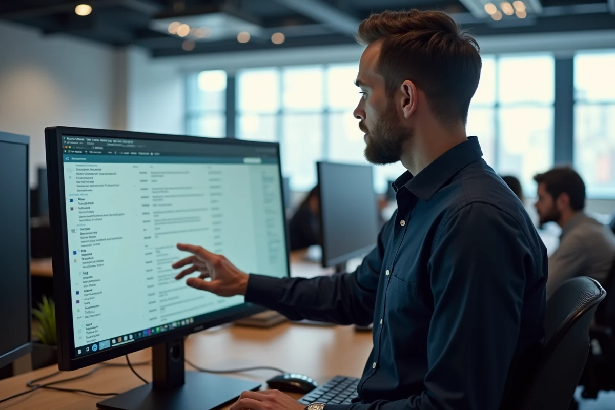 Homme professionnel gérant des filtres et dossiers dans un client mail Zimbra sur grand écran dans un open space universitaire moderne