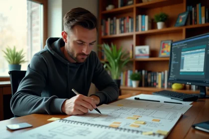 Game designer masculin travaillant sur un GDD manuscrit avec des sticky notes et des schémas de mécanique de jeu sur un bureau en bois