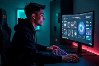Gamer adulte interagissant avec l'interface Armory Crate ASUS sur un écran gaming courbe en 2026