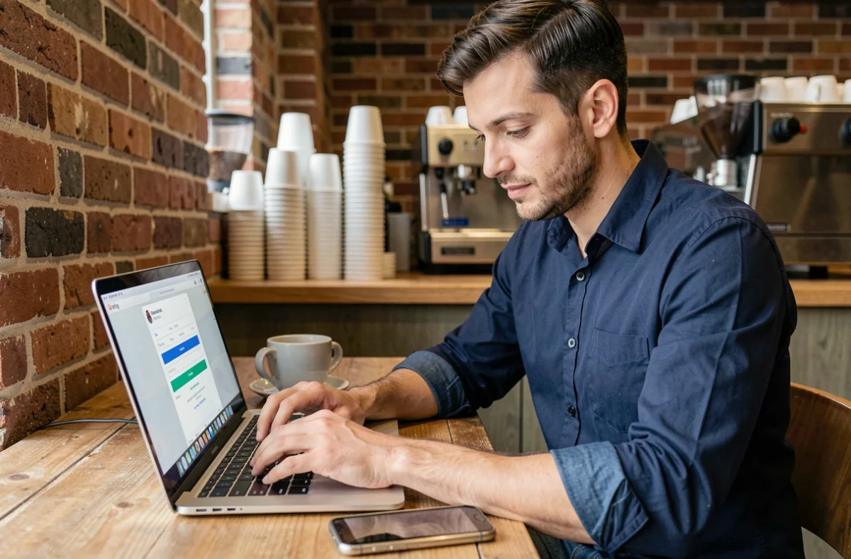 Homme gérant plusieurs comptes Instagram depuis un café avec un ordinateur portable et un téléphone