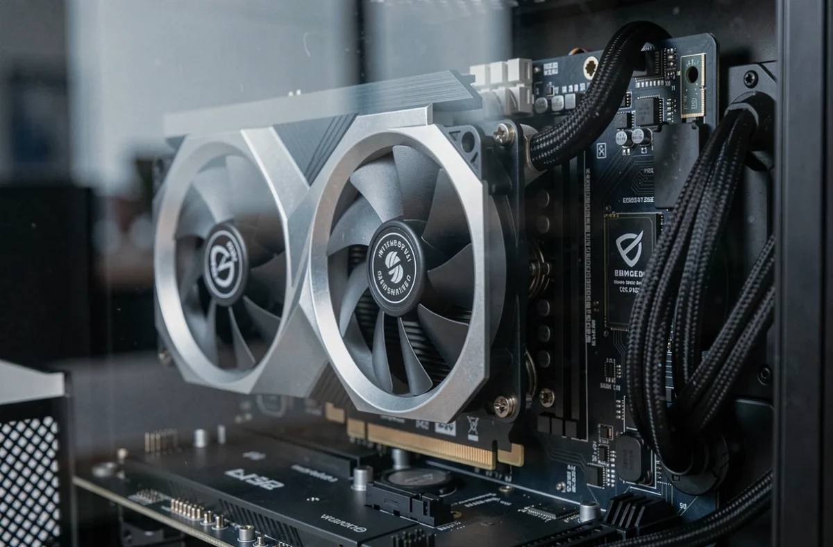 Gros plan d'une carte graphique haut de gamme installée dans un boîtier PC avec panneau en verre trempé