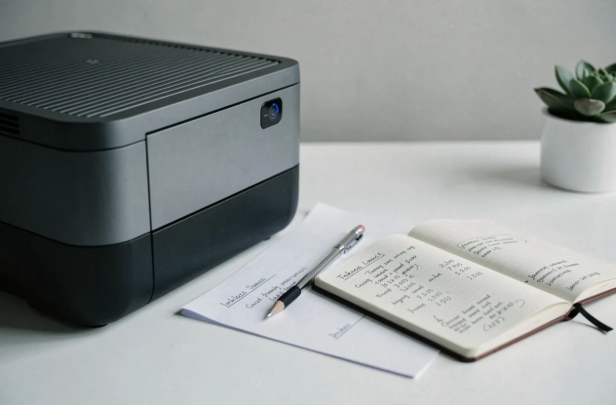 Gros plan sur une imprimante sans cartouche, une feuille imprimée et un carnet avec calculs de coût par page