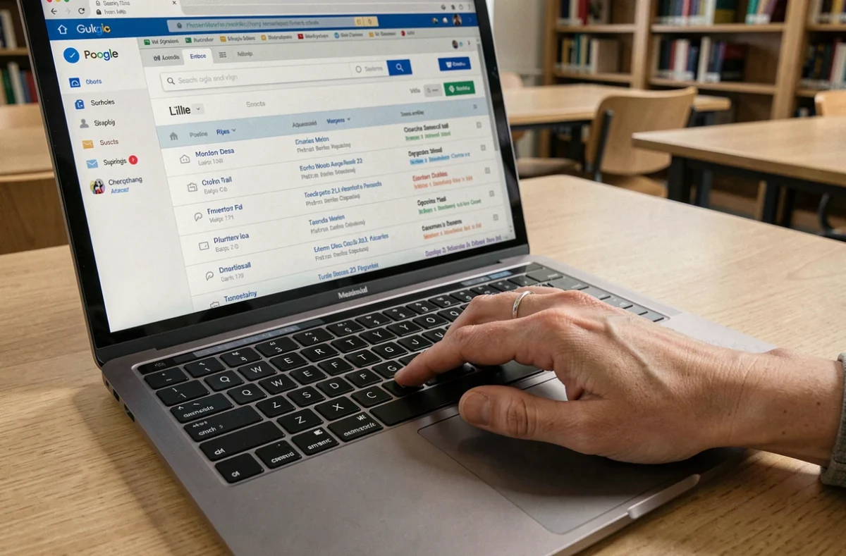 Gros plan sur une main naviguant dans une interface webmail sur laptop pour retrouver d'anciens messages archivés