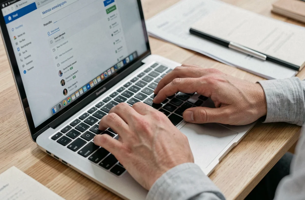 Gros plan sur des mains tapant sur un clavier d'ordinateur portable avec une interface webmail ouverte à l'écran