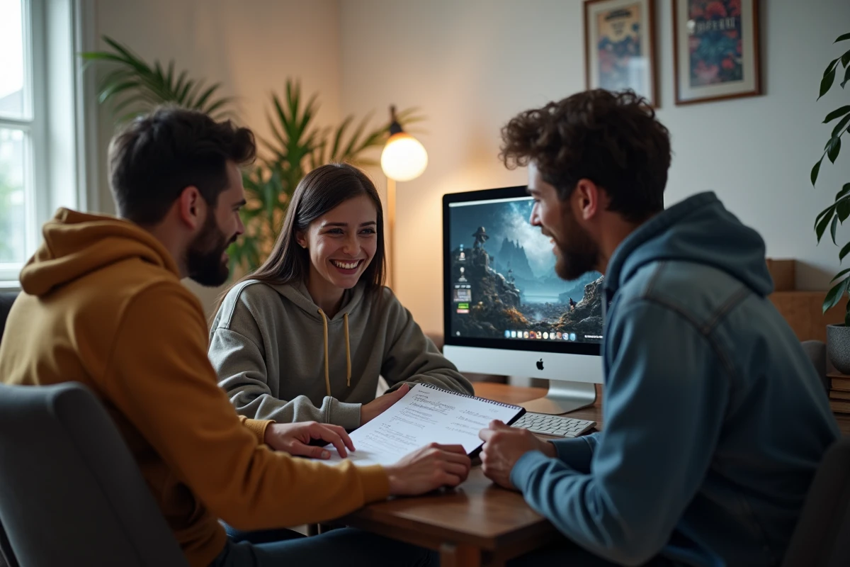 Trois amis discutant stratégie CS2 autour d un ordinateur