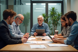 Groupe diversifié de cinq adultes en réunion de travail