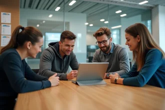 Groupe de quatre adultes discutant autour d'une tablette dans un bureau moderne