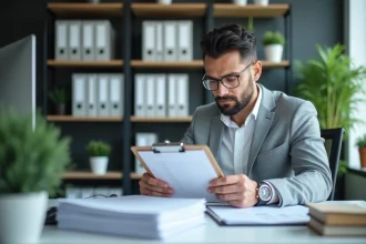 Homme d'affaires en réunion dans un bureau organisé