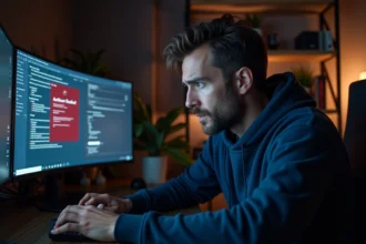 Homme frustré devant un écran affichant une alerte antivirus bloquant l'installation de Win Rare 64