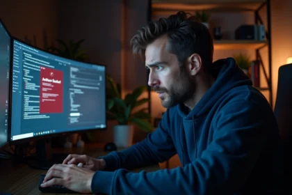 Homme frustré devant un écran affichant une alerte antivirus bloquant l'installation de Win Rare 64