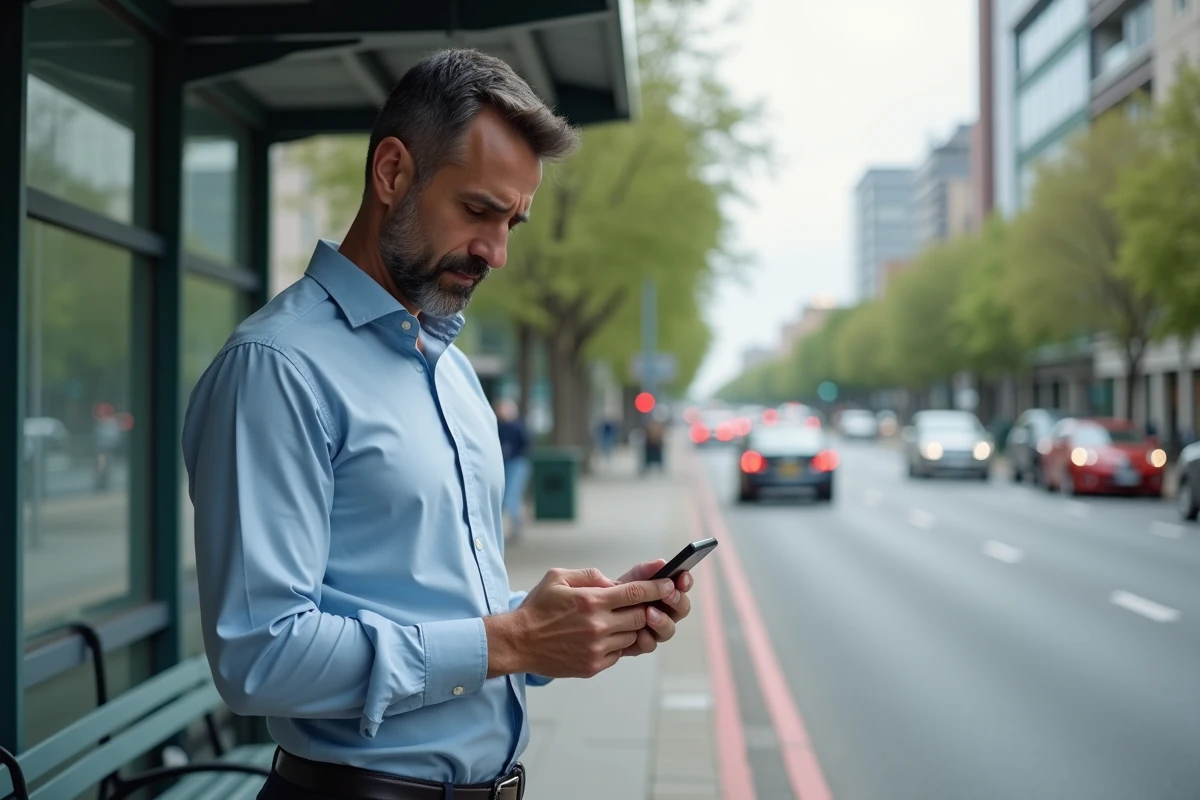 Homme vérifiant son smartphone à un arrêt de bus urbain