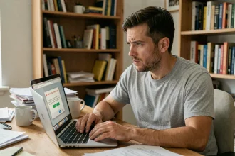 Homme inquiet regardant un avertissement de virus sur son ordinateur portable dans un bureau à domicile