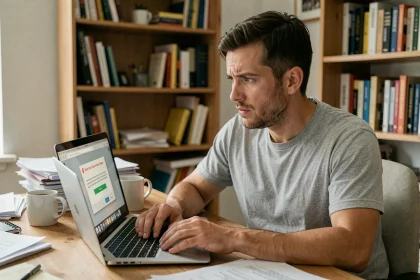 Homme inquiet regardant un avertissement de virus sur son ordinateur portable dans un bureau à domicile