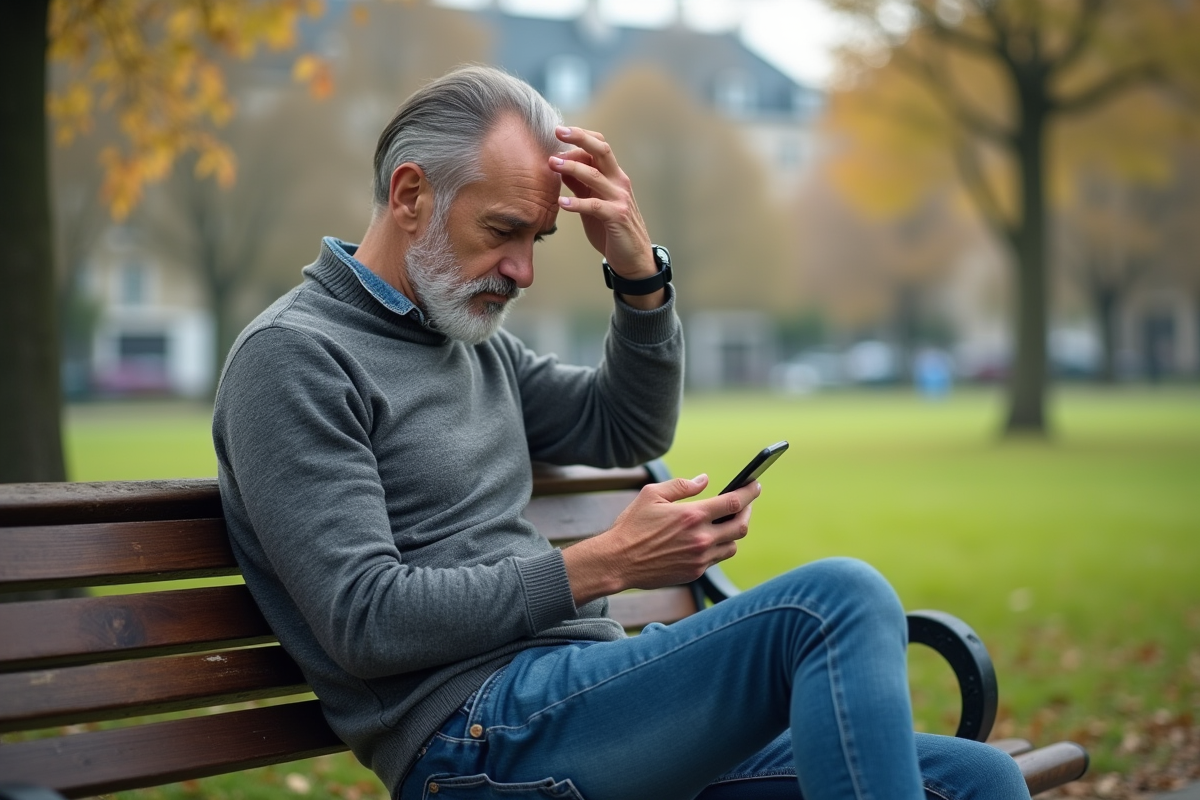Homme assis sur un banc de parc avec smartphone en main