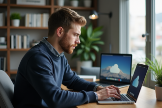 Homme en bureau moderne utilisant un ordinateur avec icône nuage