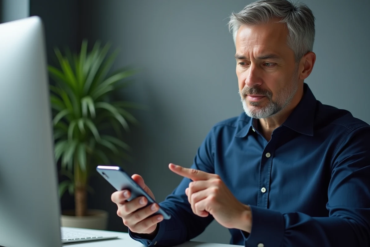 Homme au bureau accédant à la corbeille cachée sur un smartphone Samsung Android