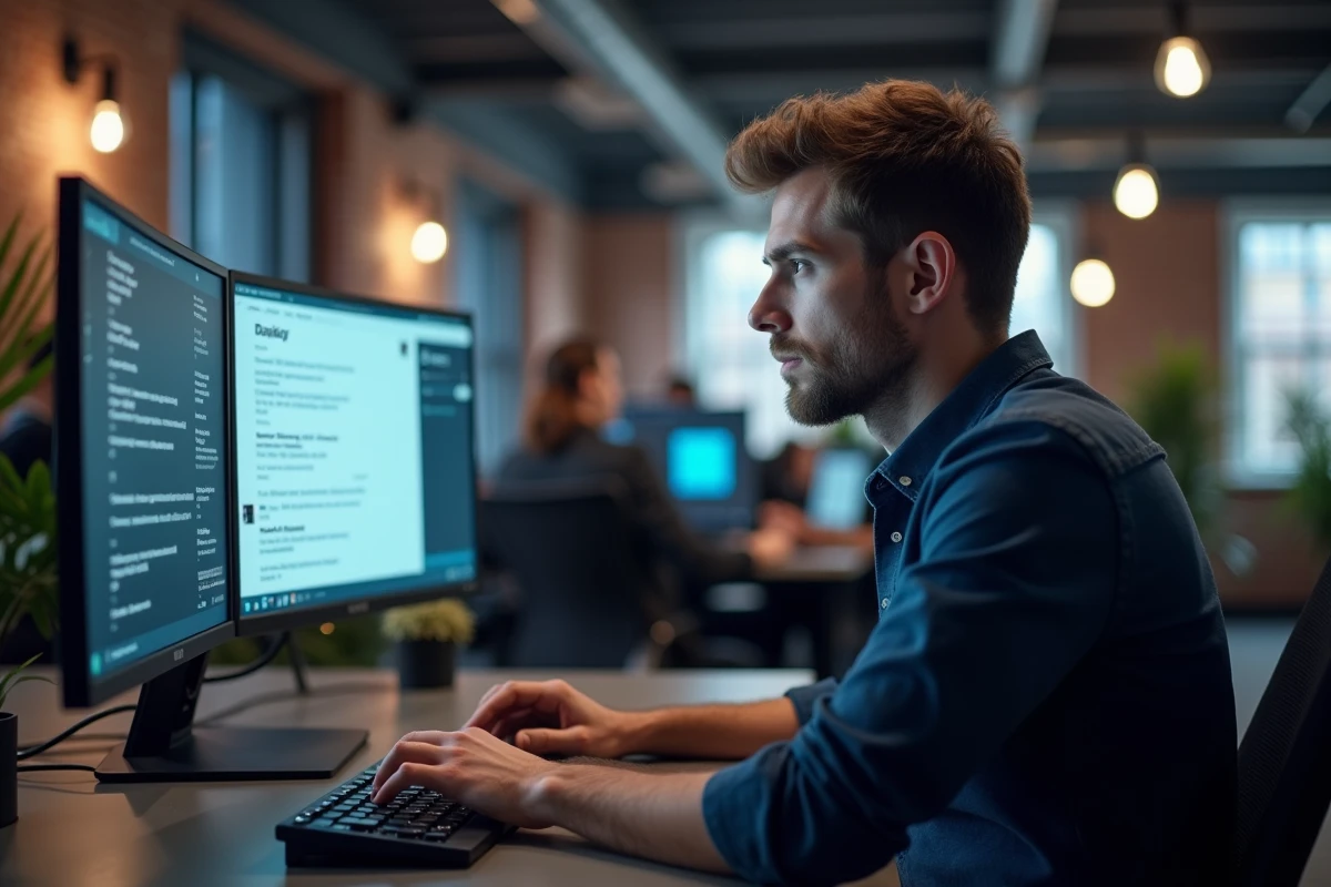 Homme en bureau moderne utilisant Discord avec des balises spoiler et texte en gras sur double écran