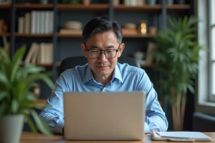 Homme d'âge moyen travaillant sur son ordinateur dans un bureau moderne