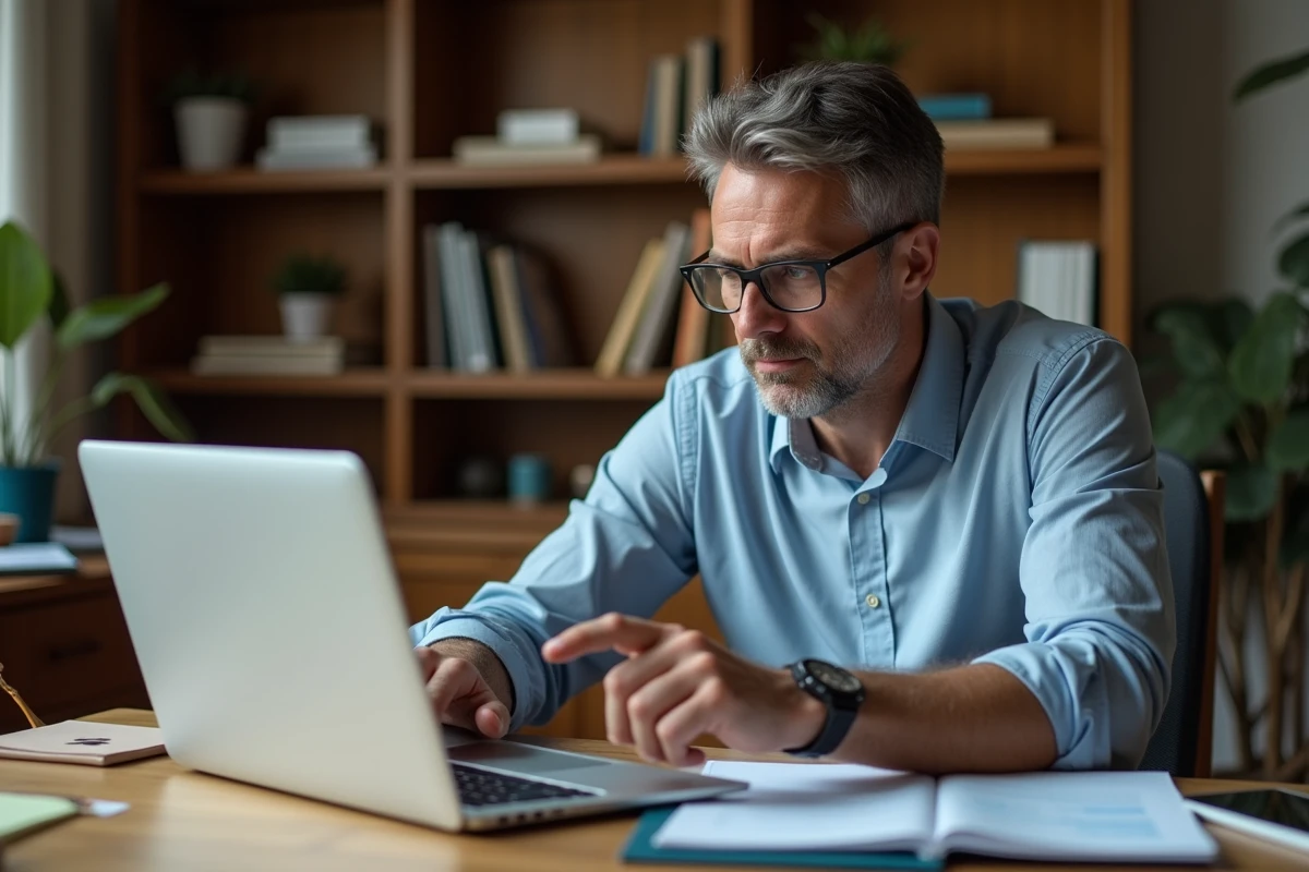 Homme d'âge moyen compare deux ordinateurs portables dans un bureau cosy