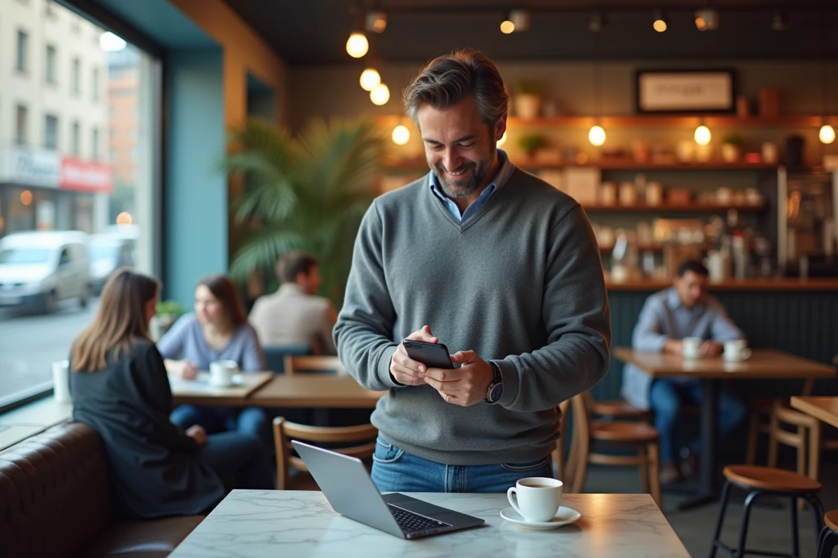 Homme souriant vérifiant ses paramètres Google dans un café