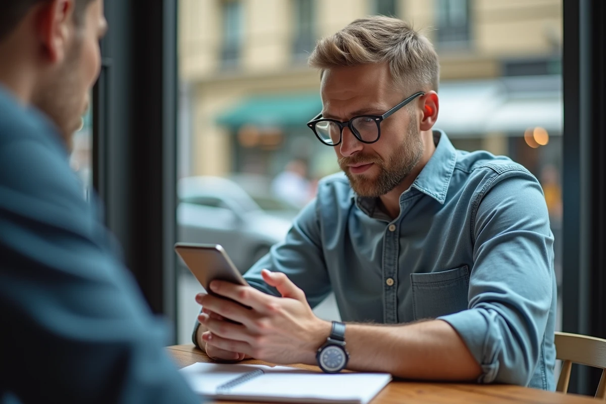 Homme au café utilisant son smartphone pour convertir MP3