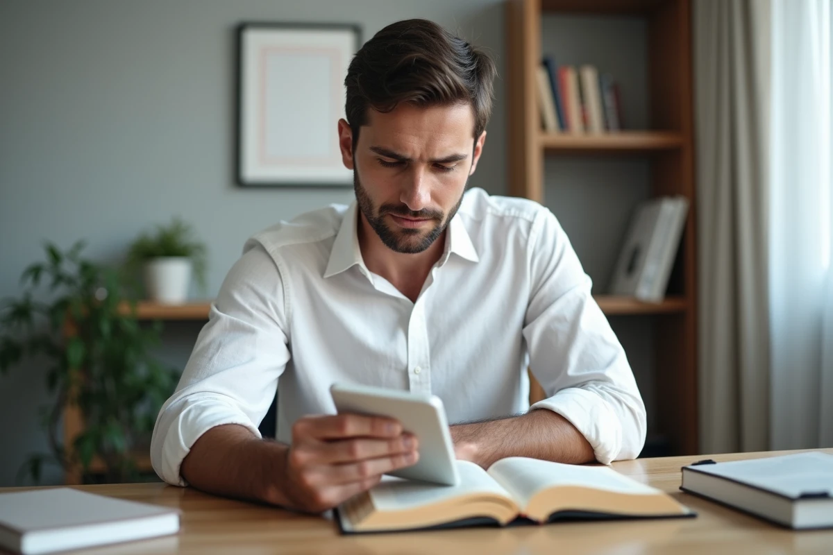 Homme comparant une liseuse Kindle et un livre papier posé sur un bureau en bois dans un bureau à domicile