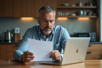 Homme d'âge moyen préoccupé devant un ordinateur à la maison