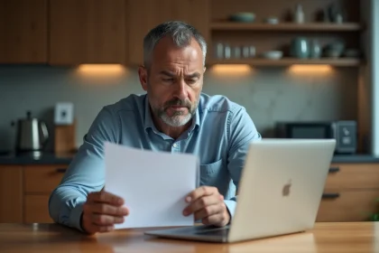 Homme d'âge moyen préoccupé devant un ordinateur à la maison