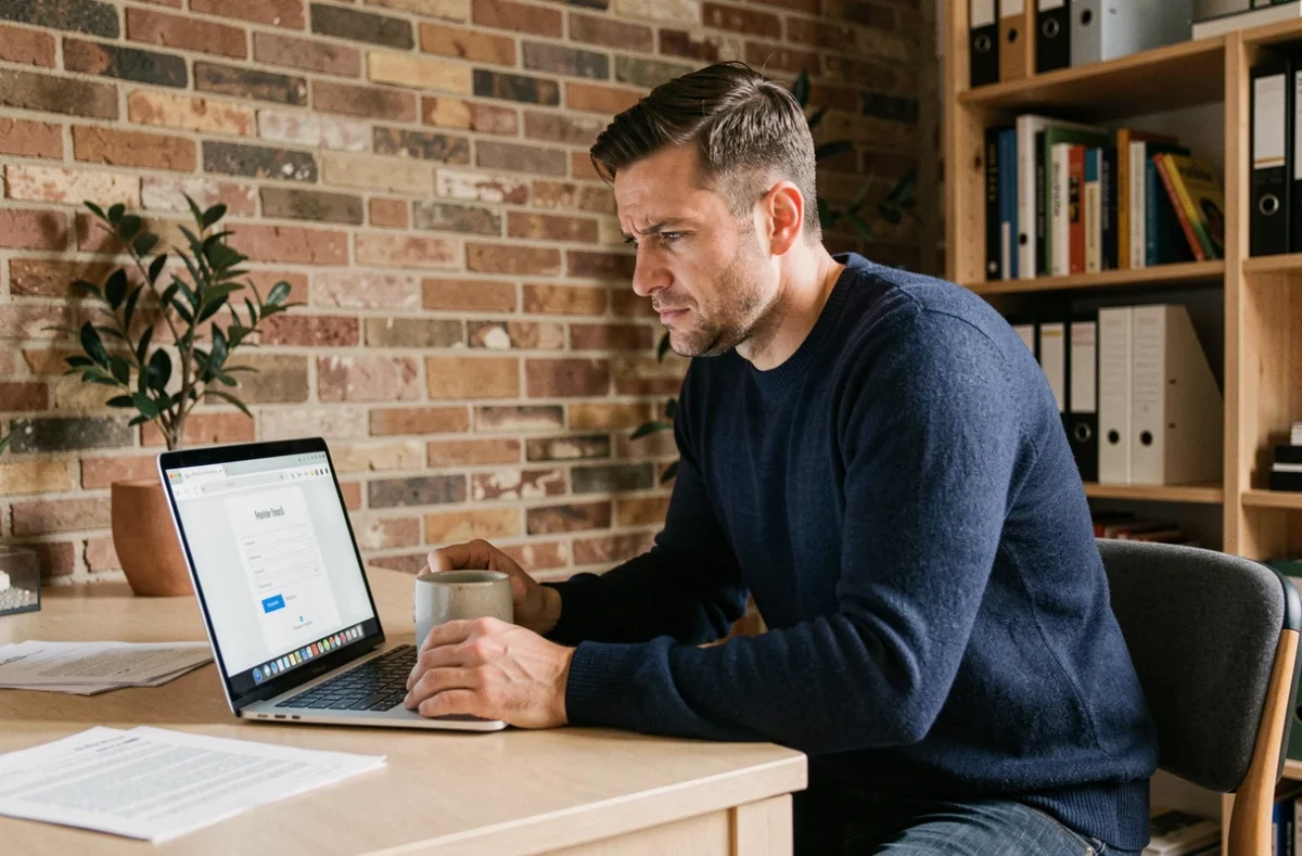Homme consultant sa messagerie webmail sur un laptop depuis son bureau à domicile pour retrouver d'anciens emails