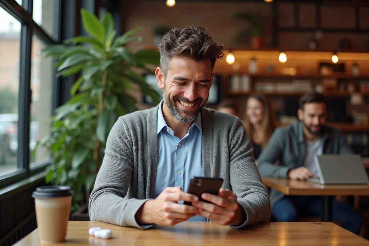 Homme lisant un email dans un café coworking convivial