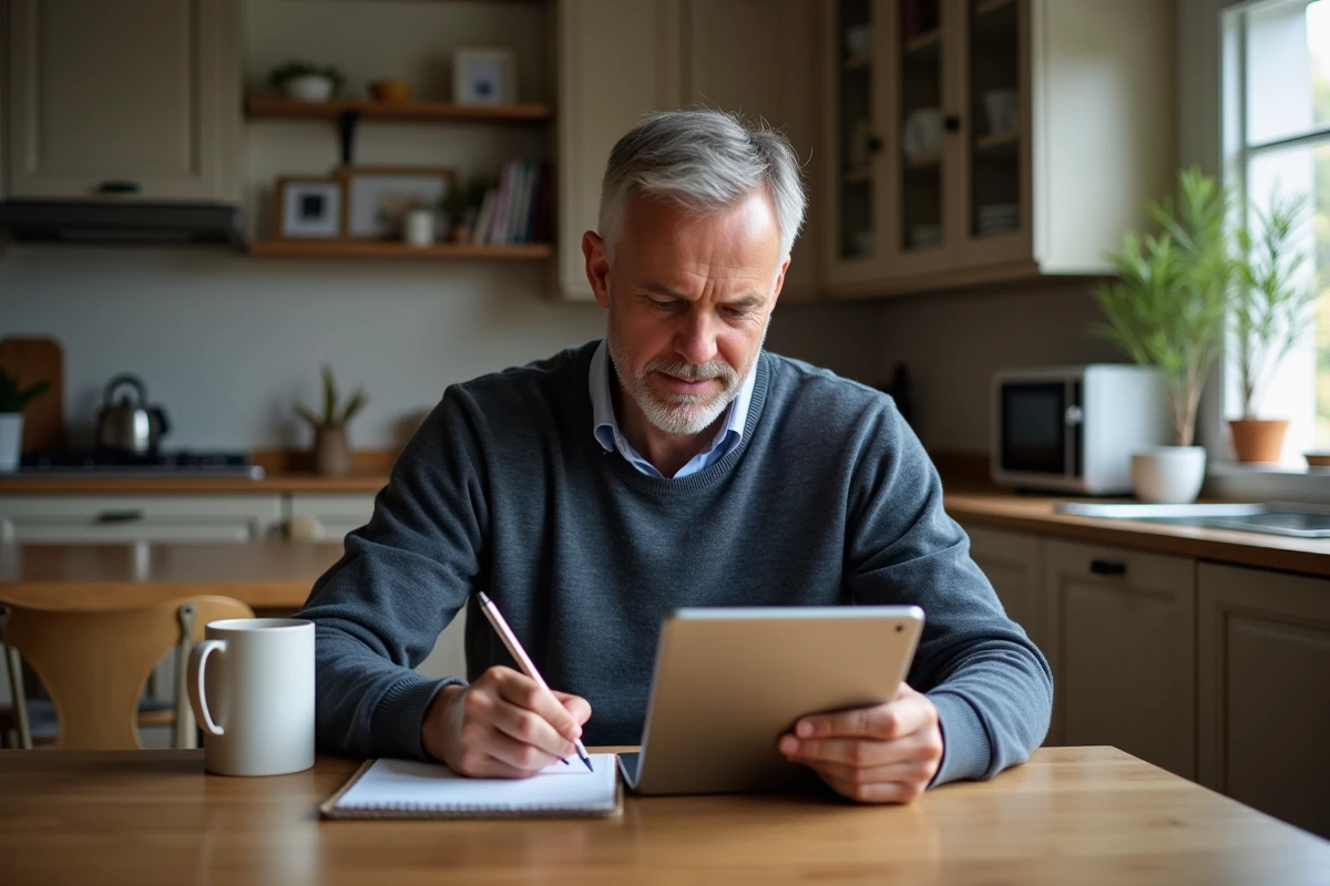 Homme concentré utilisant une tablette dans sa cuisine à domicile
