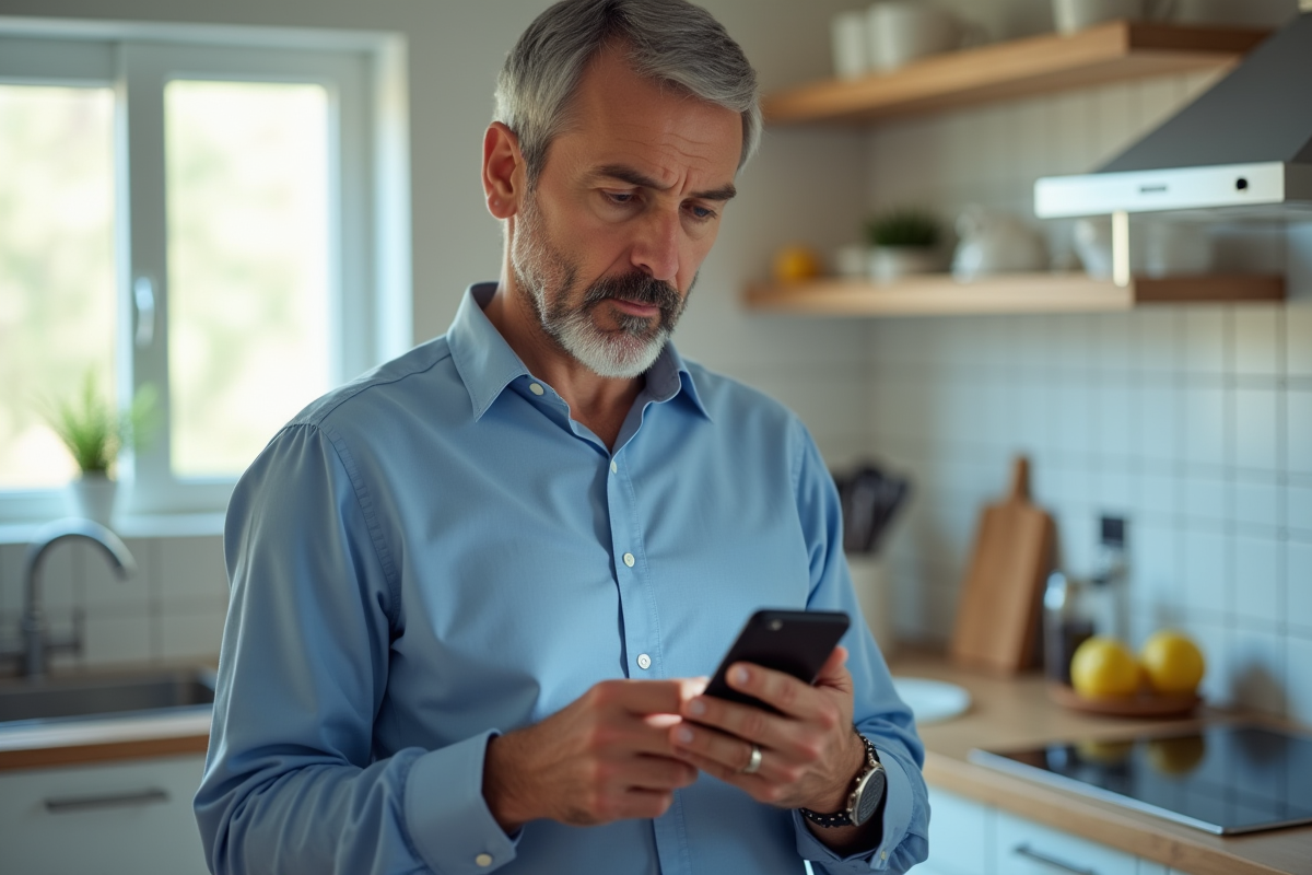 Homme vérifiant un email suspect sur son smartphone dans la cuisine