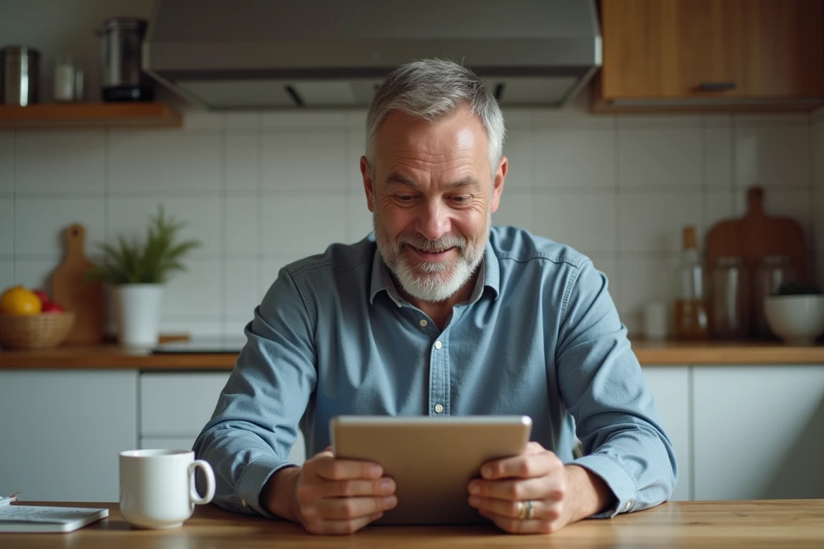 Homme souriant examinant sa tablette dans une cuisine chaleureuse
