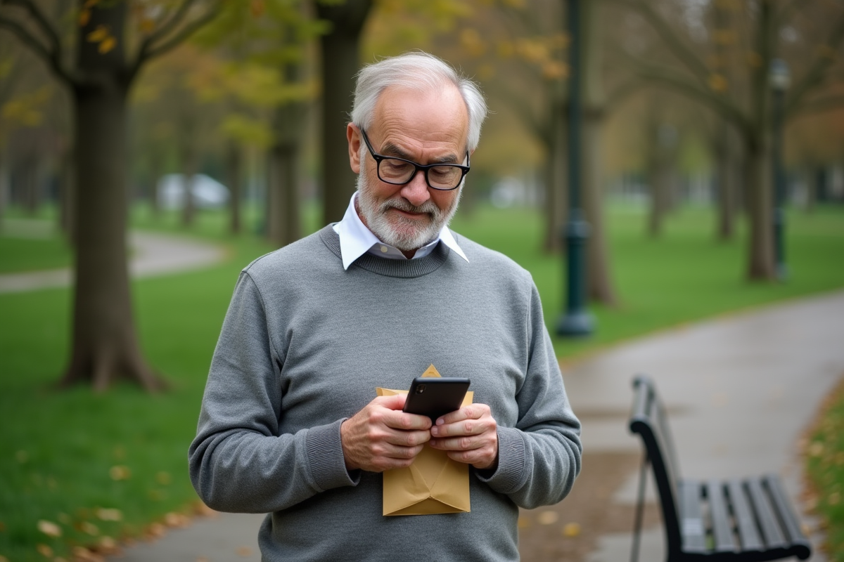 Homme plaçant son téléphone dans une enveloppe en papier dans un parc