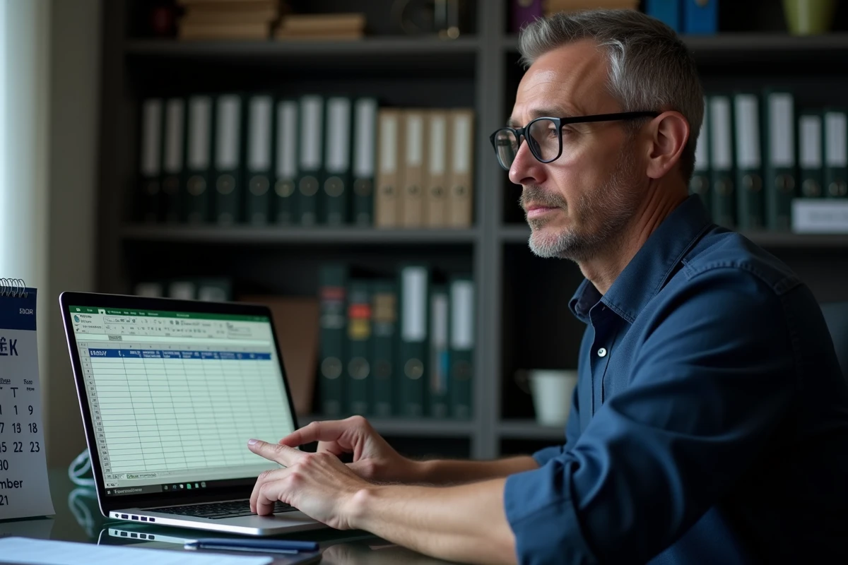 Homme analysant une formule DATEDIF dans Excel avec un calendrier du 31 décembre posé à côté