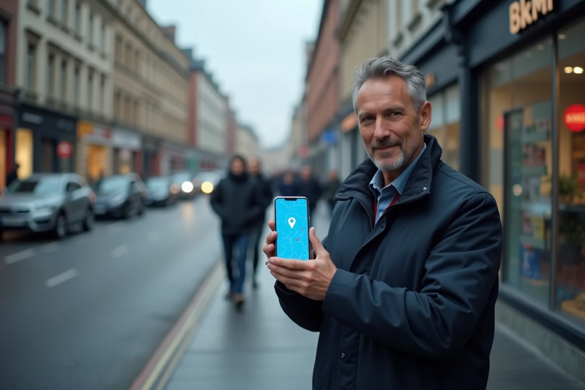 Homme utilisant la fonction de localisation iPhone dans une rue animée d'une ville européenne